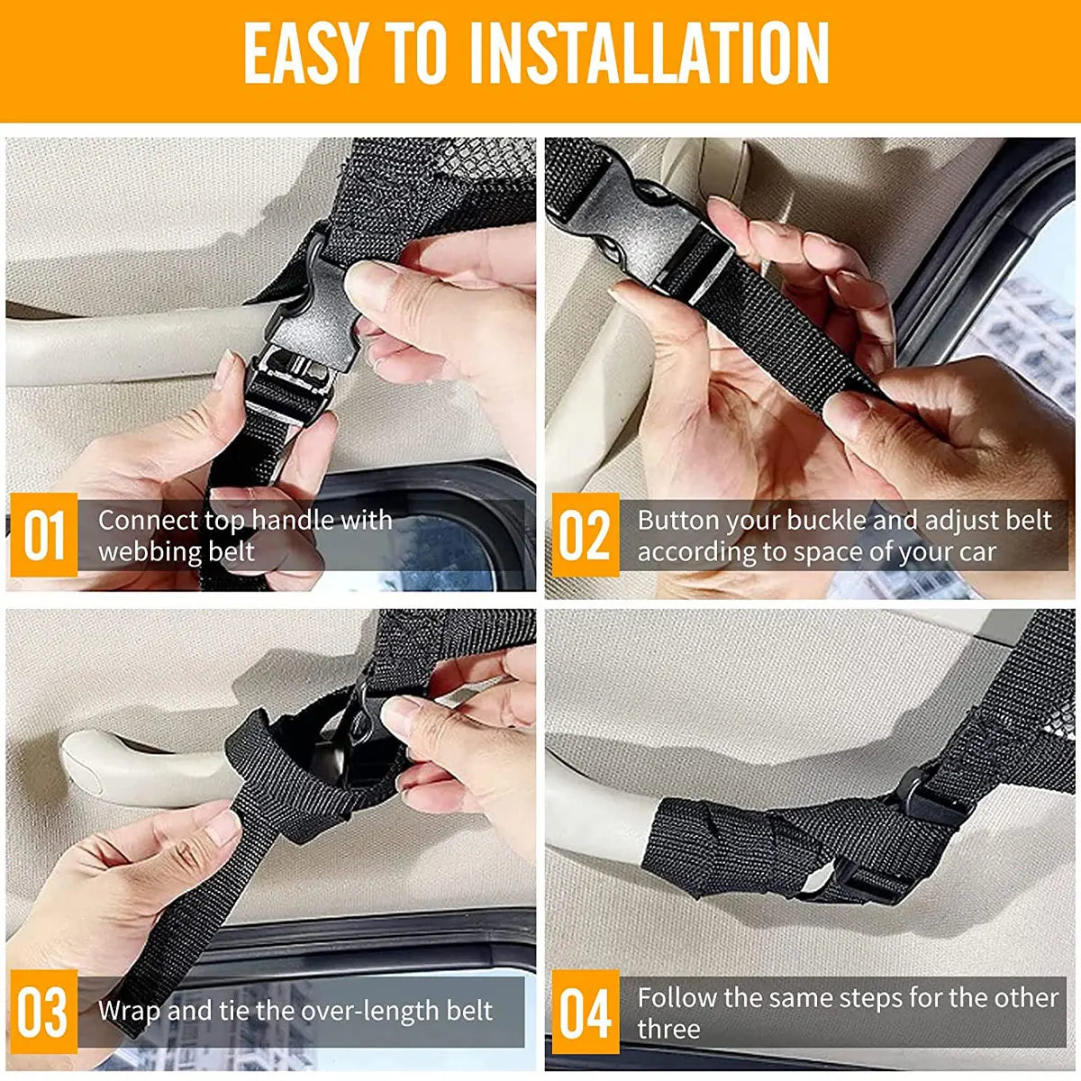 Step-by-step instructions showing how to install a car ceiling cargo net for overhead storage.
