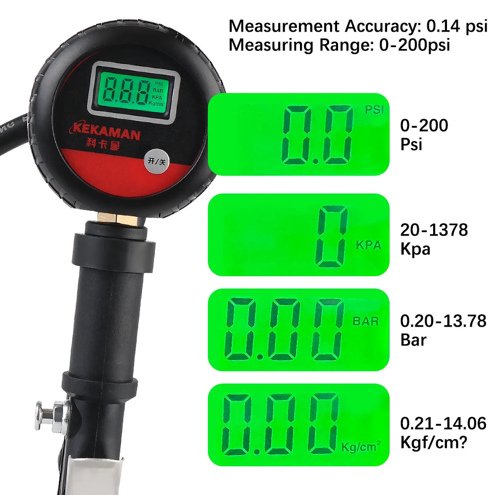 Digital tire pressure gauge showing measurements in psi, kPa, bar, and Kg/cm