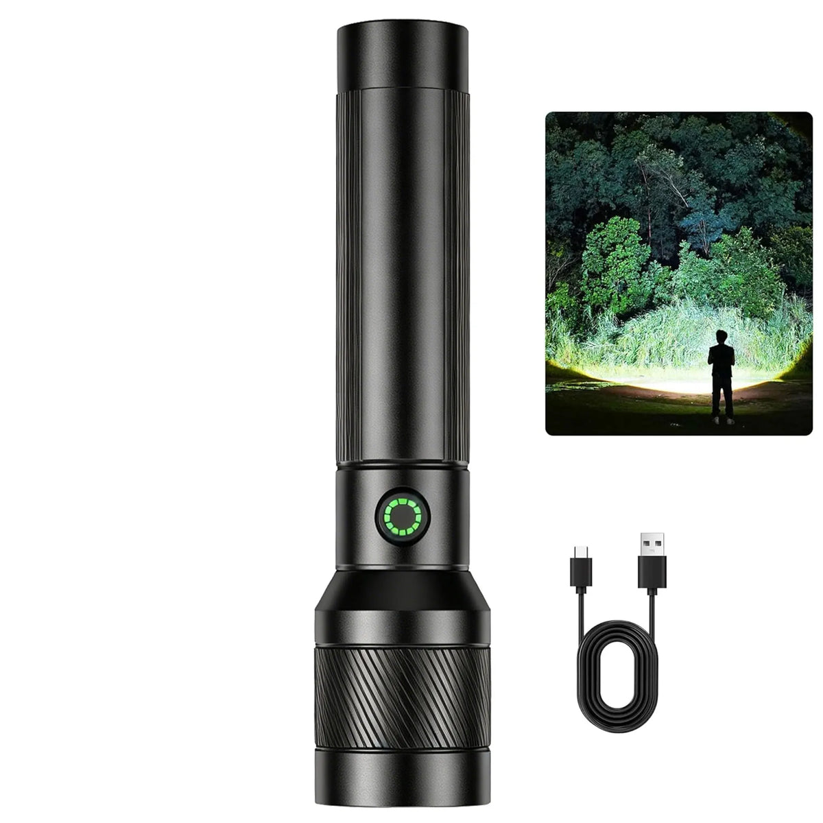 A black high-lumen rechargeable LED flashlight with a zoomable feature shown next to an outdoor scene.