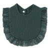 A dark teal knitted baby bib with ruffled edges and a small button closure.