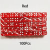 A bulk pack of 100 red acrylic D6 dice with white dots, arranged in a row.
