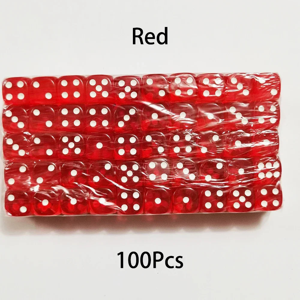 A bulk pack of 100 red acrylic D6 dice with white dots, arranged in a row.