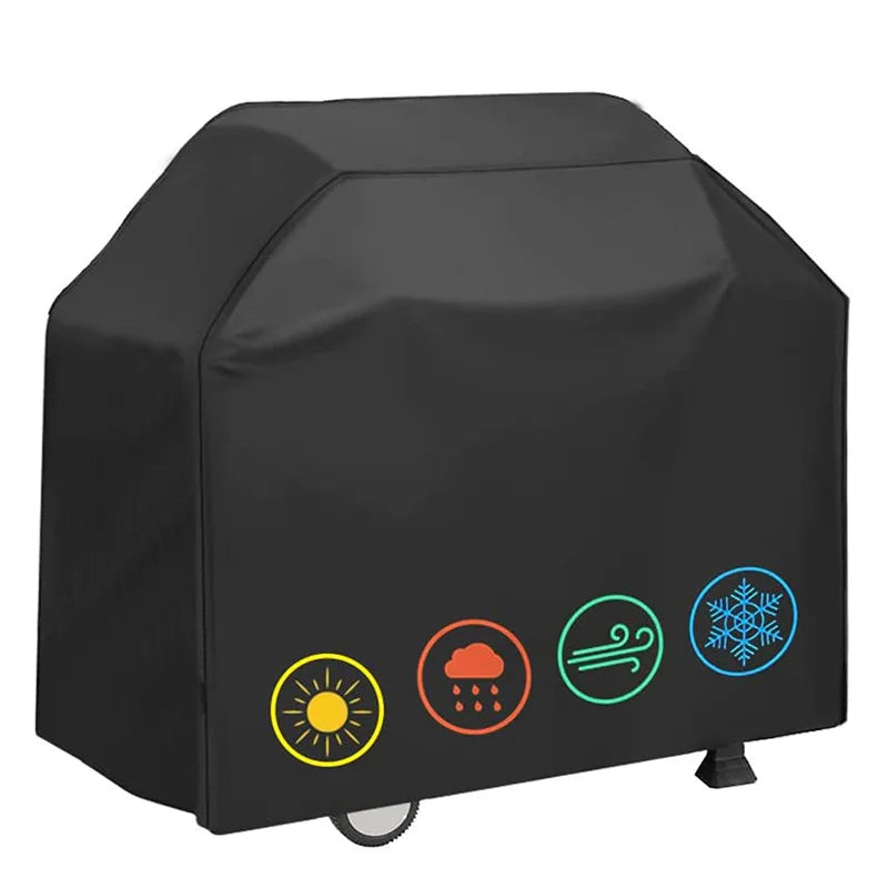 Black waterproof grill cover for a BBQ grill, shown from the side.