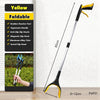 Yellow foldable grabber reacher tool with an ergonomic handle and swivel clip head