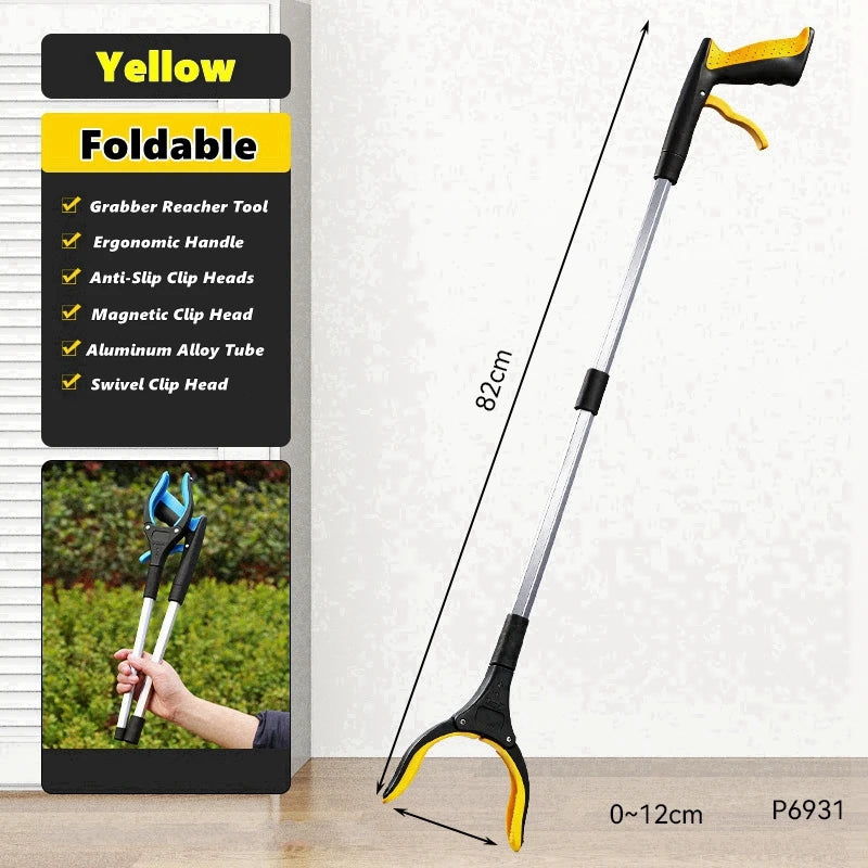 Yellow foldable grabber reacher tool with an ergonomic handle and swivel clip head