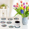 A set of eight DIY diamond art coasters with wooden bases featuring various seasonal and floral designs.