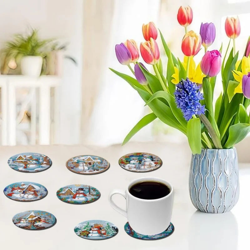 A set of eight DIY diamond art coasters with wooden bases featuring various seasonal and floral designs.