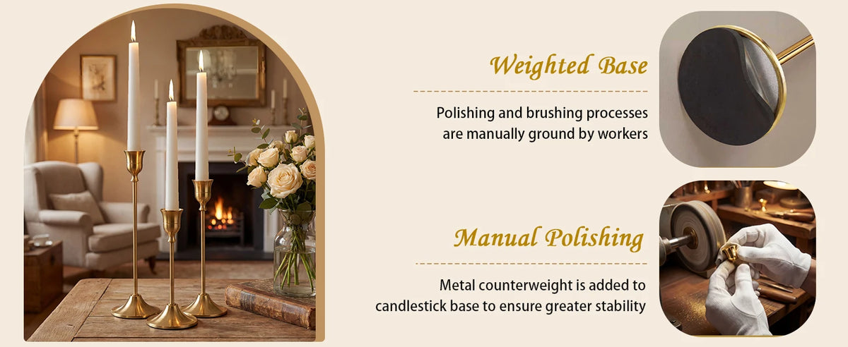 Set of 6 Gold Brass Taper Candle Holders with Weighted Base