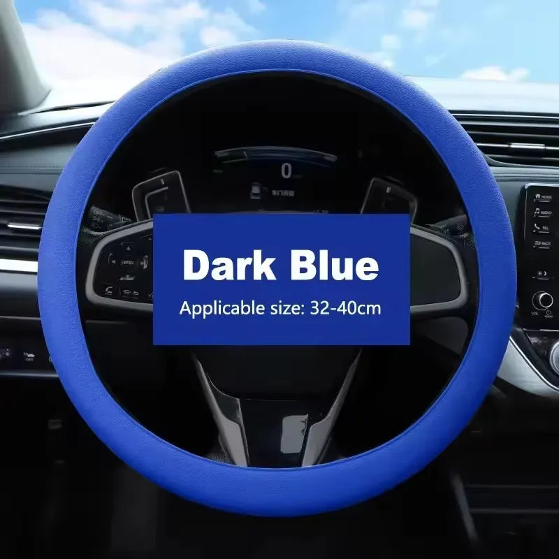Dark Blue universal silicone steering wheel cover for a car, showing the grip and rim.