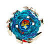 A blue spinning top with a clear crystal sphere and an orange dragon design set in a silver alloy frame.
