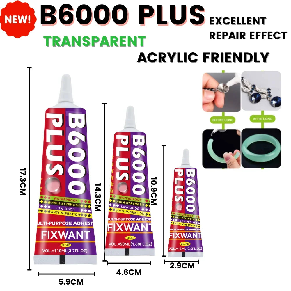 A set of B6000 PLUS clear multi-surface adhesive products including various sizes and applications for repair.