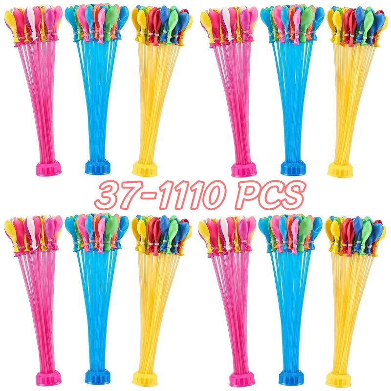 A collection of 37 water balloons in various colors including pink, blue, and yellow.
