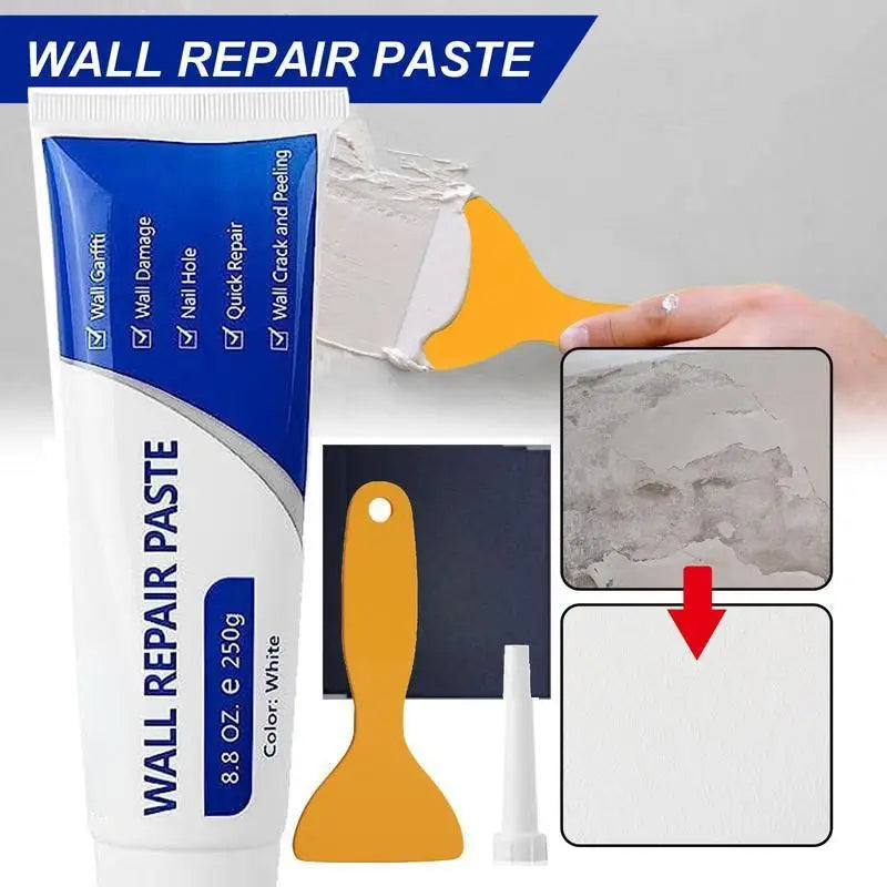 Tube of white wall repair paste with a scraper and sandpaper shown next to a swatch of repaired wall surface