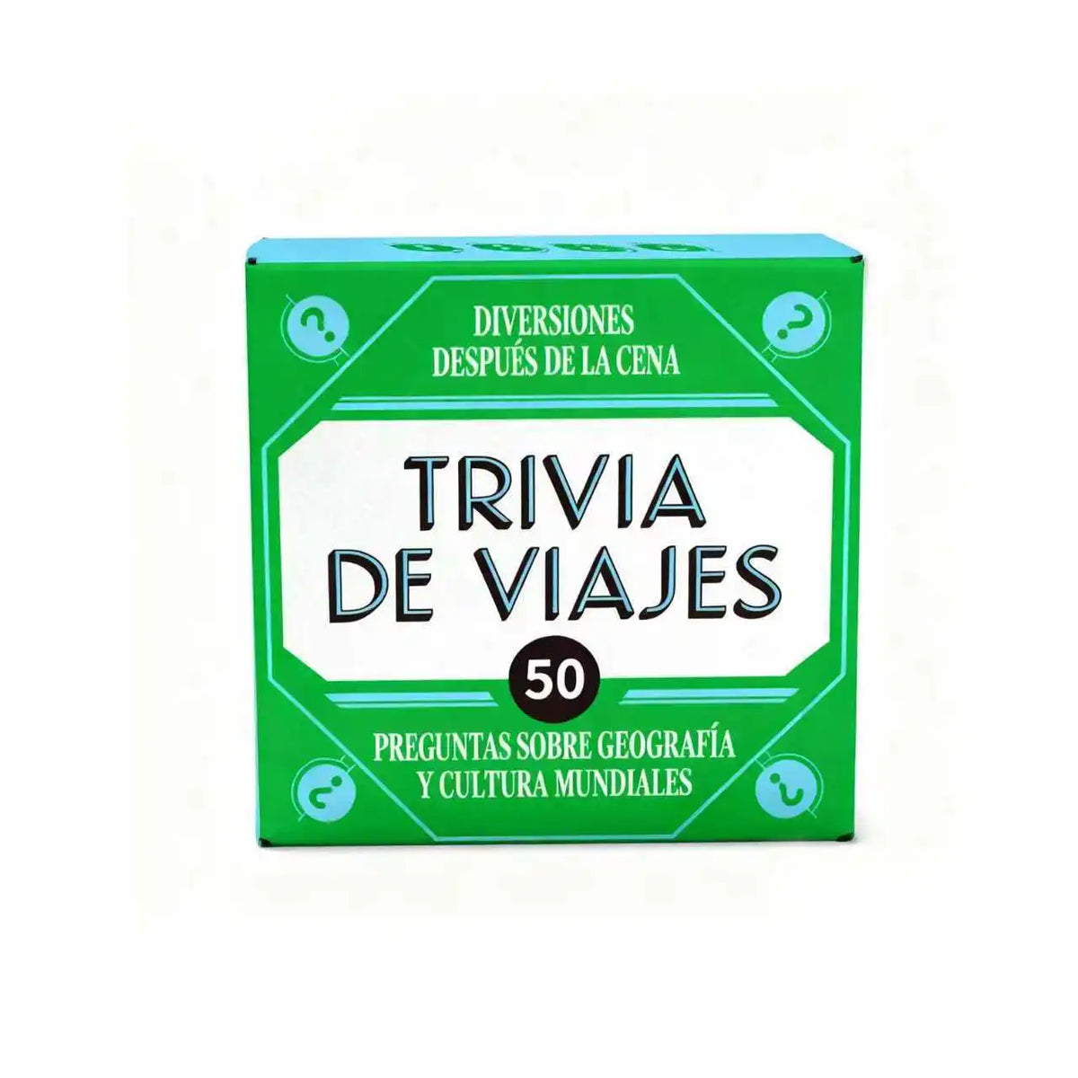Box of a trivia game titled Trivia de Viajes with 50 questions about world geography and culture.
