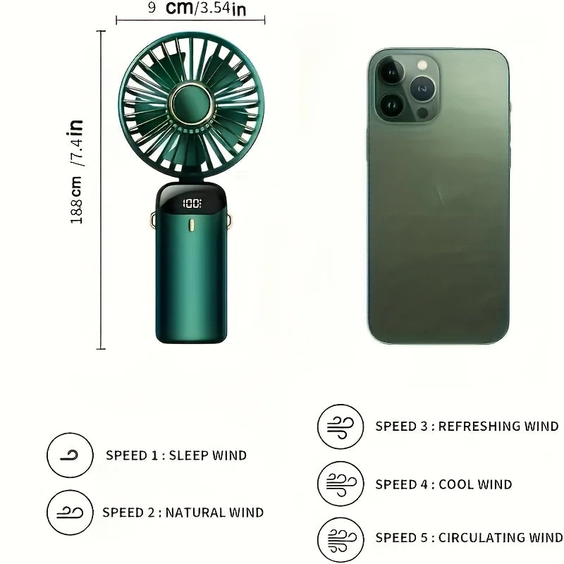 Compact USB Rechargeable Mini Fan with 6 Speeds and LED Light