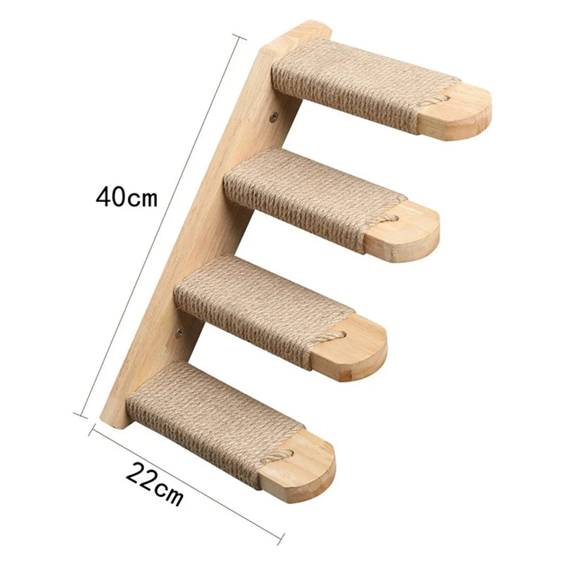 Wall-Mounted Wooden Cat Climbing Shelf with Sisal Scratching Post