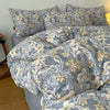 A gray duvet cover set featuring a floral pattern in beige and white tones.