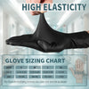 A hand wearing a black disposable glove demonstrates high elasticity and is shown next to a sizing chart.