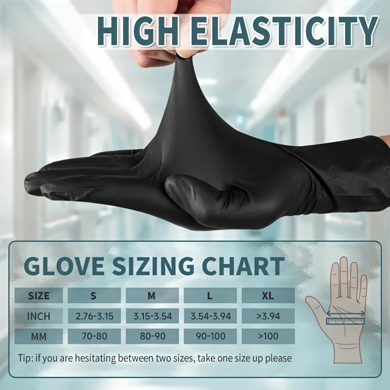 A hand wearing a black disposable glove demonstrates high elasticity and is shown next to a sizing chart.