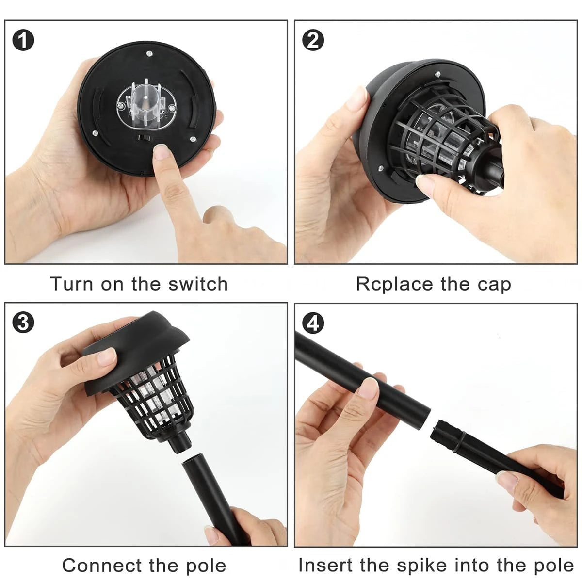 Instructions showing how to turn on, replace the cap, and connect the pole of a solar-powered mosquito zapper.