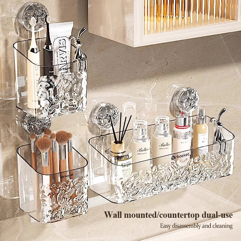 Wall mounted dual-use storage basket with water ripple design for bathroom or countertop organization