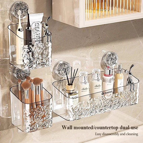 Wall mounted dual-use storage basket with water ripple design for bathroom or countertop organization