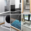 A collection of images showing a flexible shower water dam barrier used for dry-wet separation in a bathroom setting.