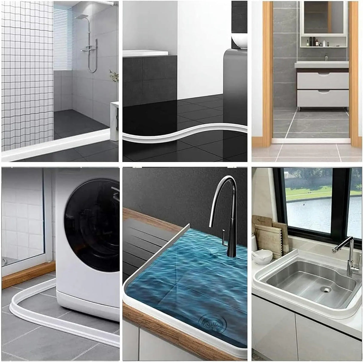 A collection of images showing a flexible shower water dam barrier used for dry-wet separation in a bathroom setting.