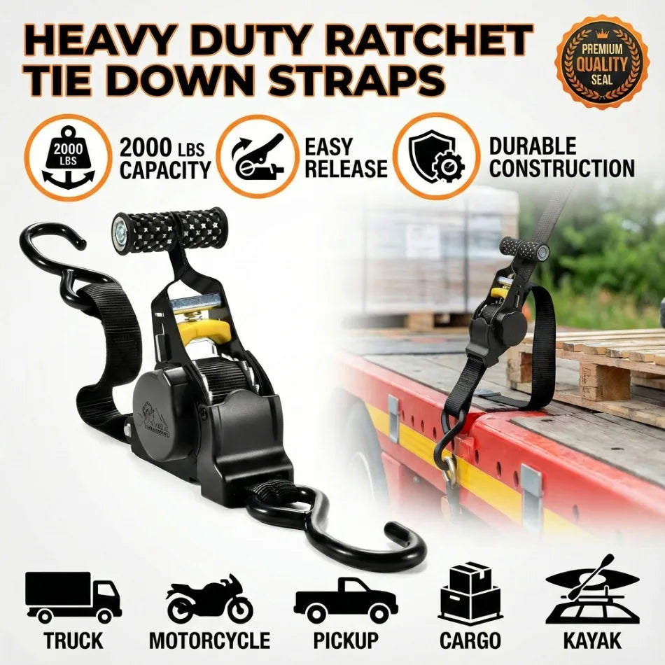 Black heavy duty ratchet tie down straps with various applications shown on a wooden surface.