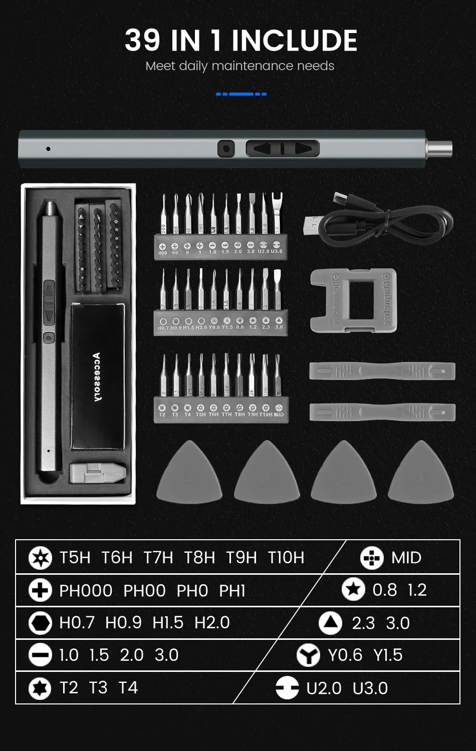 A collection of 39 in 1 precision screwdriver bits and accessories for daily maintenance needs.