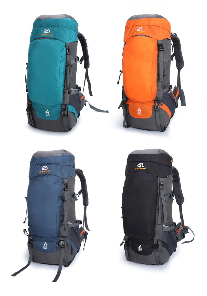 A set of three waterproof hiking backpacks in teal, orange, and black.