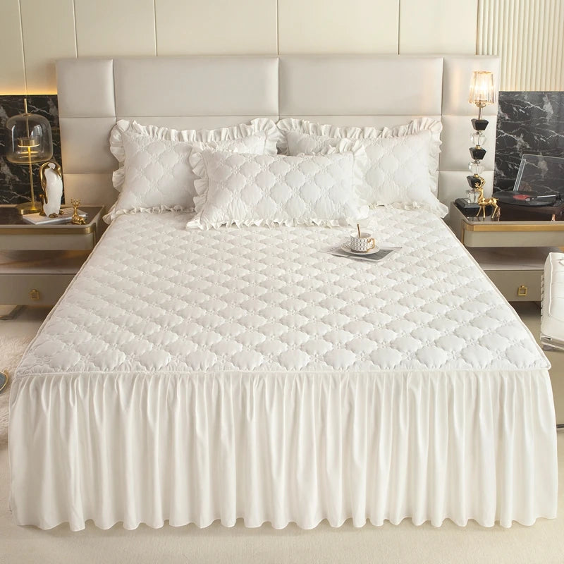 Quilted Solid Color Bed Skirt with Pleated Ruffle