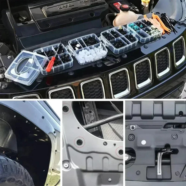 A close-up view of a universal car fastener clip kit with numerous pieces and a remover tool laid out on a black surface.
