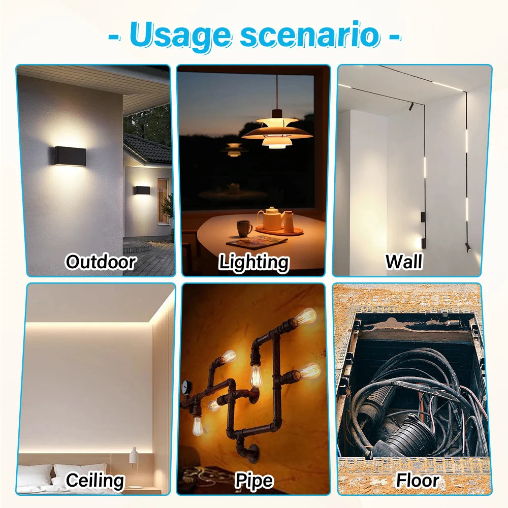 Usage scenarios showing the fiberglass fish tape wire pulling kit in outdoor, lighting, wall, ceiling, and floor applications