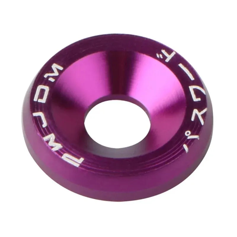 A close-up view of a purple M6 Fender washer bolt kit made of aluminum alloy.