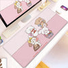 Pink kawaii cartoon illustration desk mat featuring cute bears and rabbits on a white gaming surface