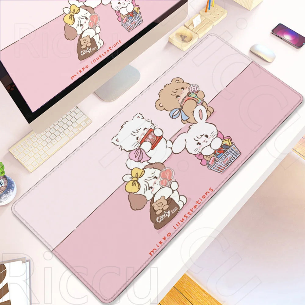 Pink kawaii cartoon illustration desk mat featuring cute bears and rabbits on a white gaming surface
