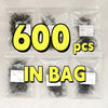 A collection of 600 corner staples and flat staples in plastic bags for repair work.