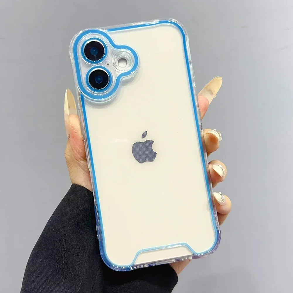 A hand holds a clear glow-in-the-dark neon phone case for an iPhone with a light-colored back and blue accents.