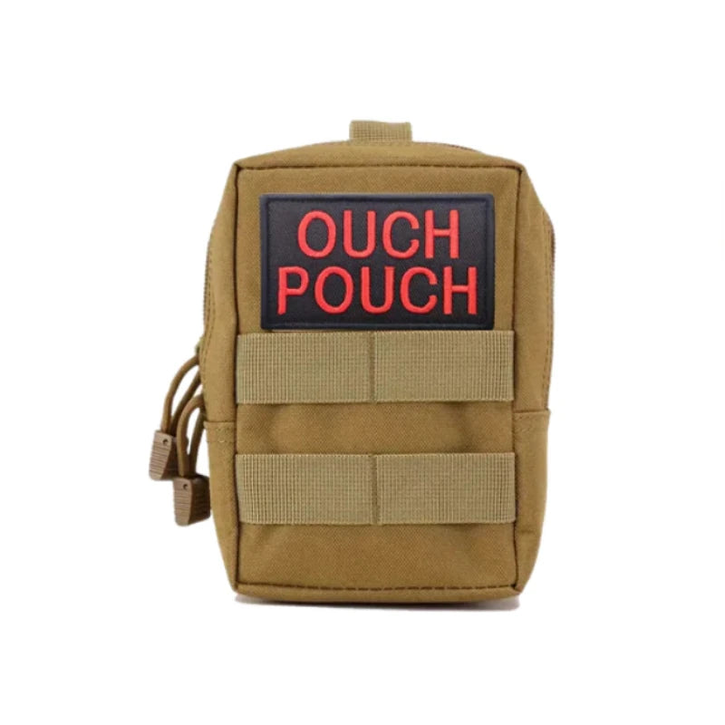 Olive green pouch with a black patch that reads OUCH POUCH in red text