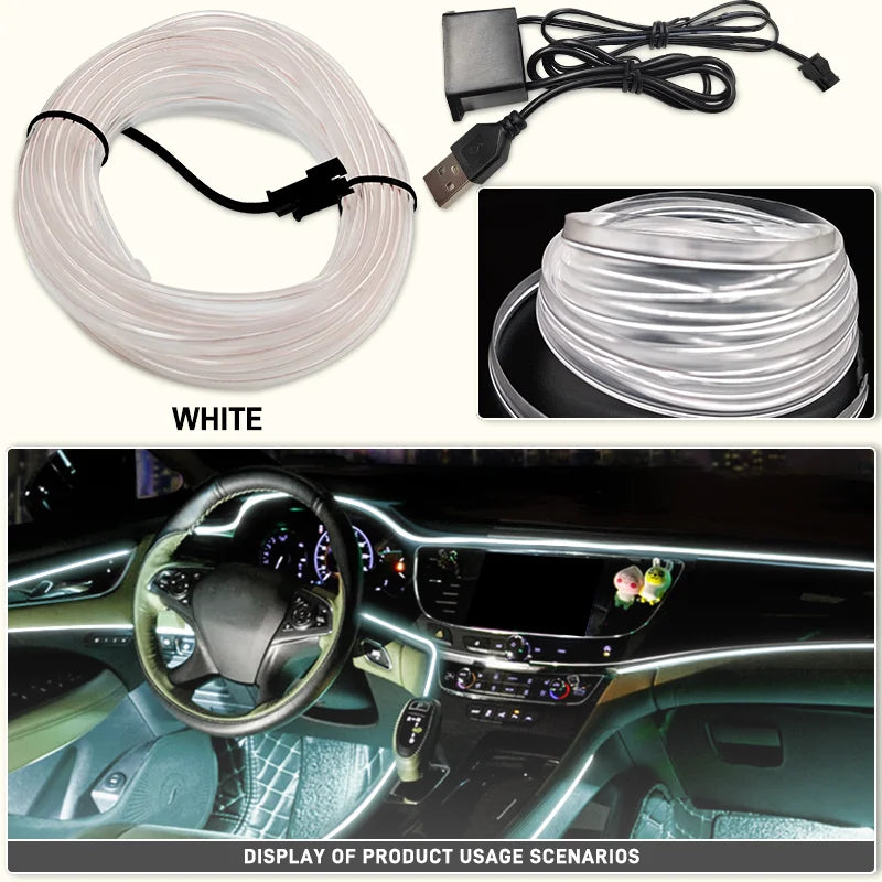 White flexible USB LED neon strip light for car interior ambient lighting shown in various usage scenarios.
