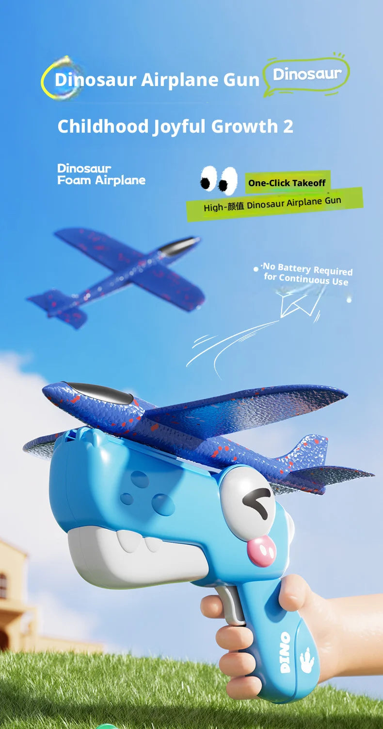 A hand holds a blue Dinosaur Foam Airplane Gun toy, ready to launch an airplane model.