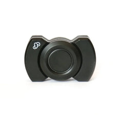 A black stainless steel 3-in-1 fidget spinner and slider device.