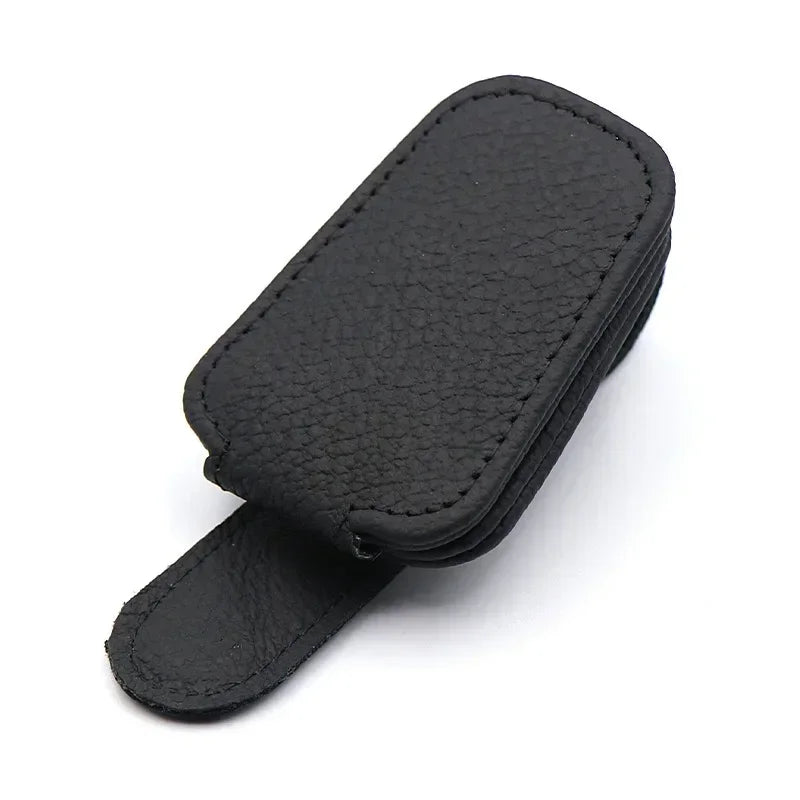 Black magnetic leather sunglasses holder designed for car sun visors