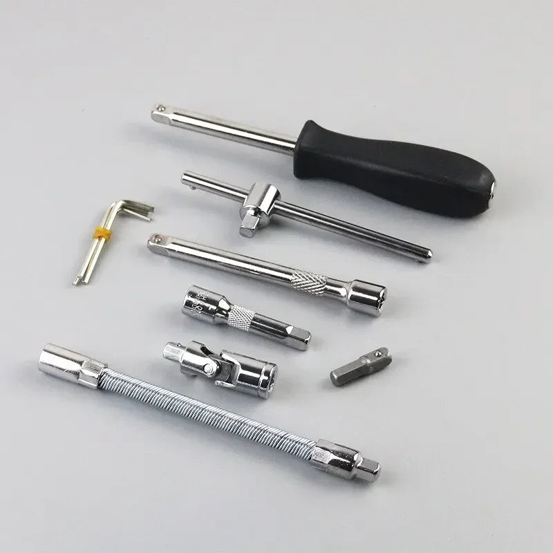 A collection of 46 auto repair tools including a ratchet wrench and various sockets displayed on a light gray background.
