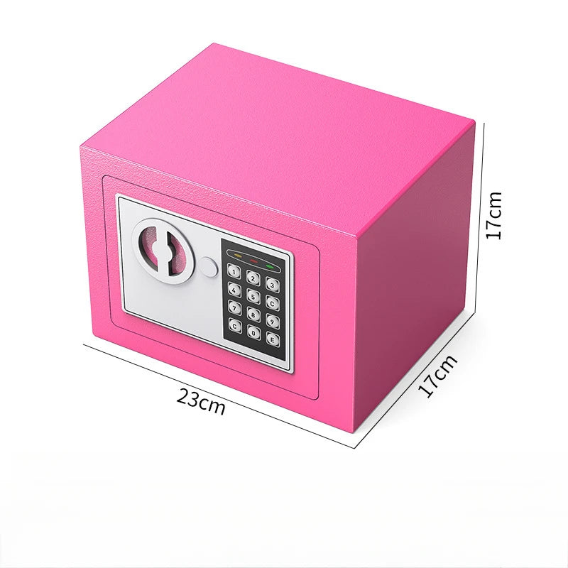 Boîte de sécurité numérique rose avec clavier et mécanisme de verrouillage circulaire, vue de côté.