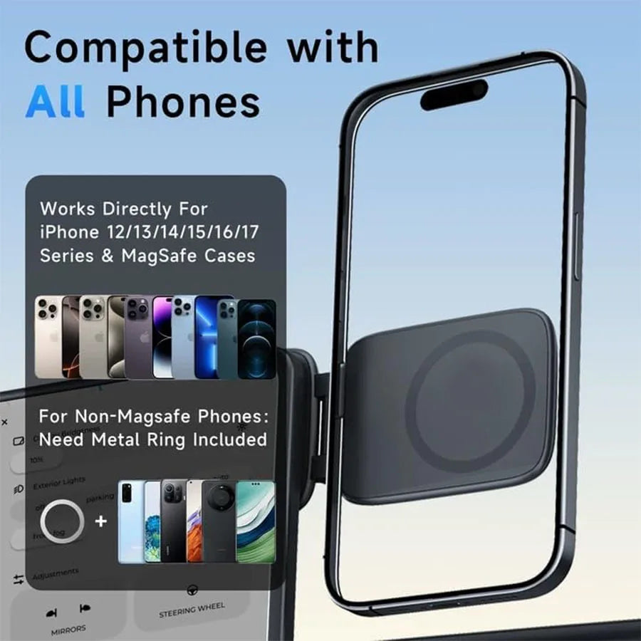 A magnetic car phone mount is shown with various iPhone models and a non-MagSafe phone, demonstrating compatibility with all 