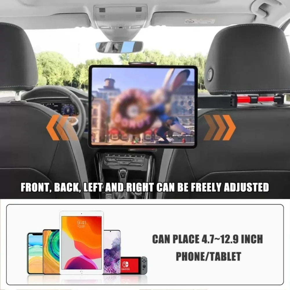 Support de siège voiture ajustable pour tablette et téléphone, avec écran transparent et positionnement réglable.