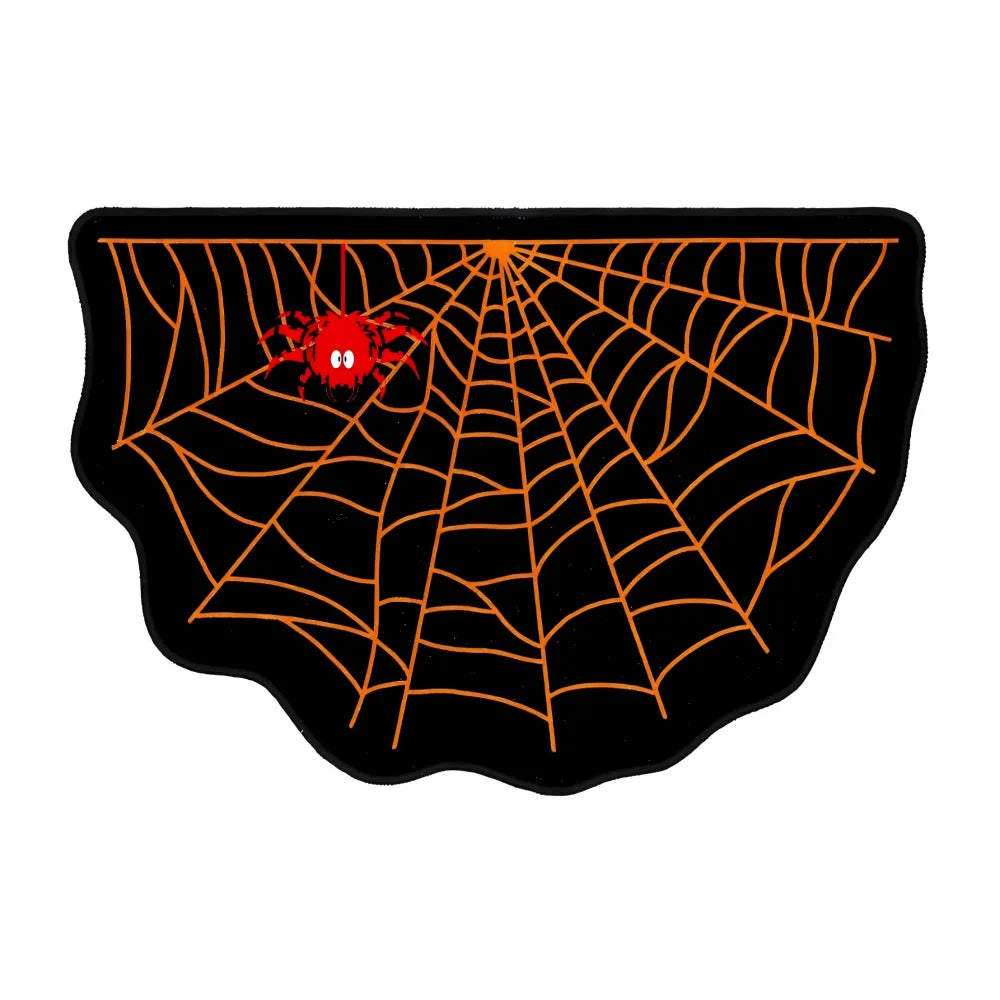 A black decorative rug featuring an orange spider web design with a red ghost in the center.