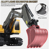 A close-up view of an alloy excavator bucket attached to a yellow construction excavator model.